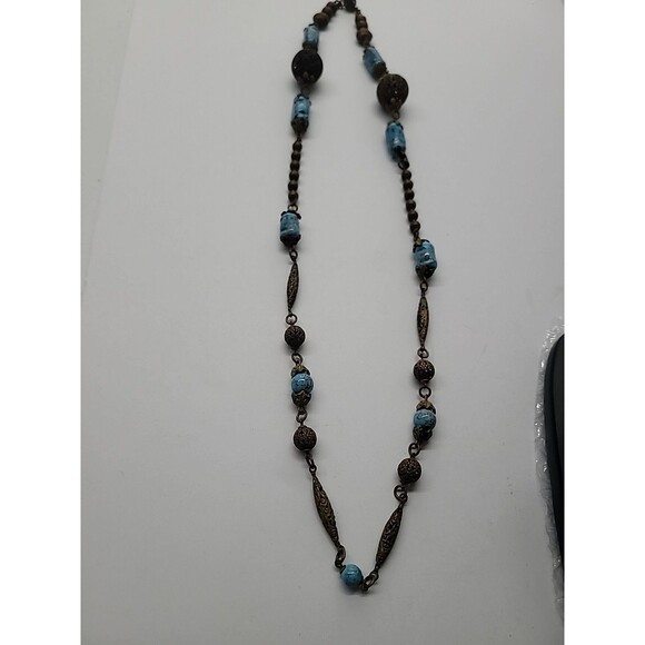 Vintage Boho Brass Filigree Necklace Blue Stone Beads Artisan Tribal Style Flaw - Picture 6 of 13